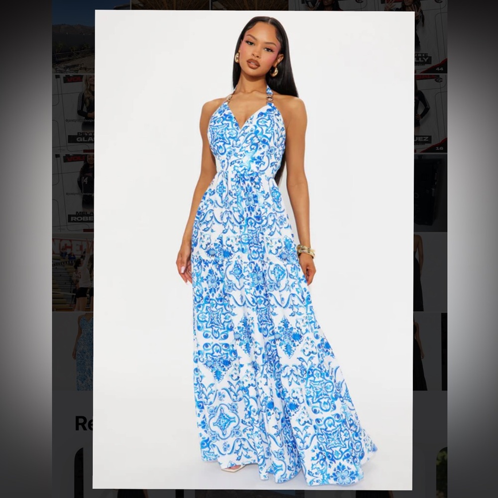 Fashion Nova Blue and White Backless Dress